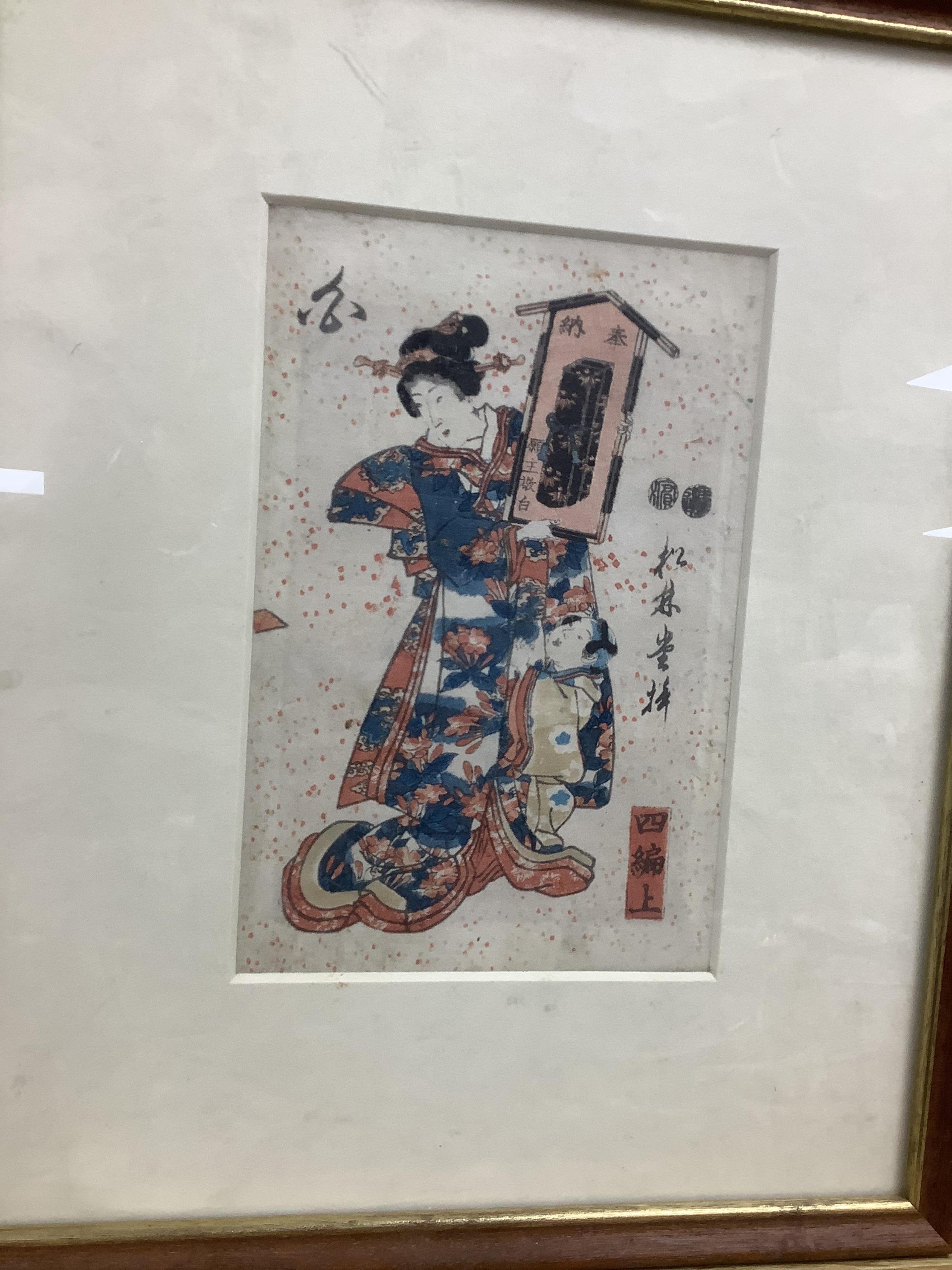 A collection of Chinese and Japanese paintings to include; a pair of Chinese pith paper paintings and Japanese woodblock prints, largest 18 x 30cm. Condition - varies, mostly fair